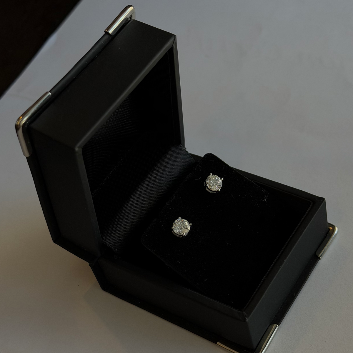 1.00 TCW lab-grown diamond stud earrings in 14kt white gold presentation box
