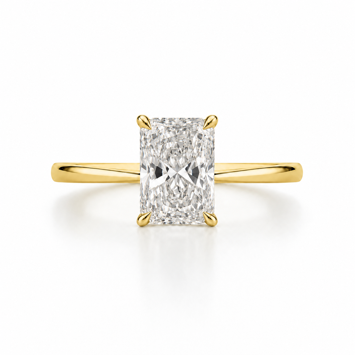 2.04 carat radiant-cut solitaire diamond ring in yellow gold