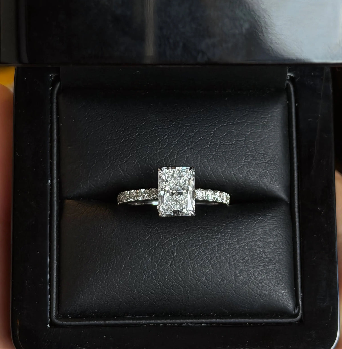 2.00 carat radiant-cut diamond pavé ring in presentation box