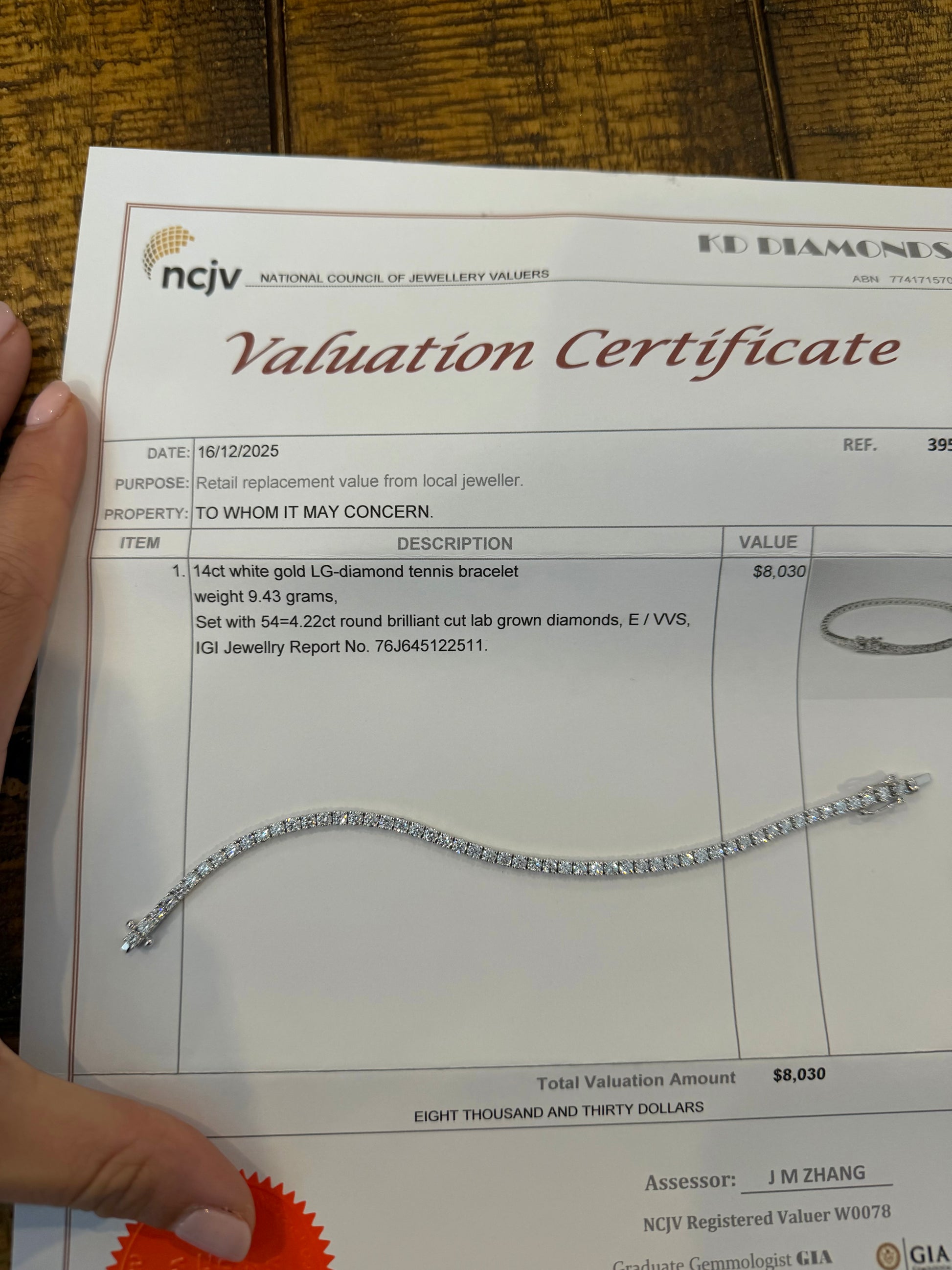 4.22 TCW lab-grown diamond tennis bracelet in 14kt white gold with valuation certificate
